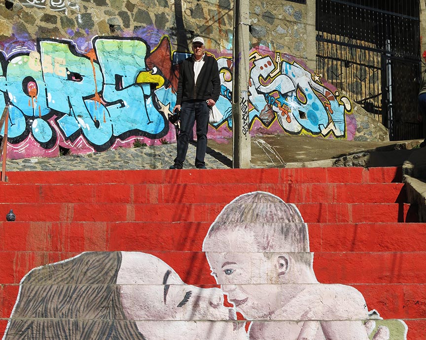 Ed above red mural steps