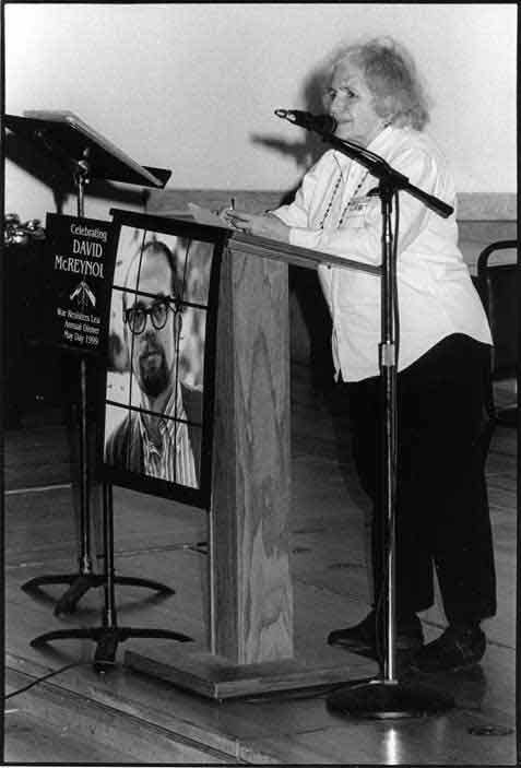Grace speaking at WRL dinner honoring David McReynolds