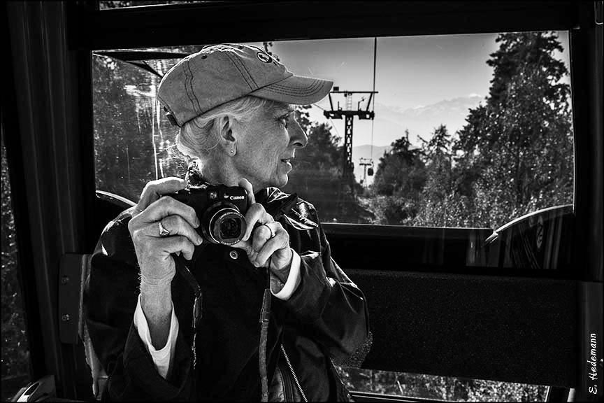 Ruth in teleferico car above Santiago